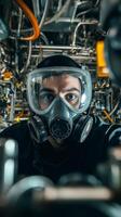A man wearing a gas mask in a factory photo