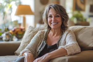 A woman sitting on a couch smiling photo