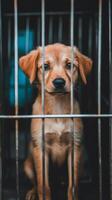 A small brown dog sitting in a cage photo