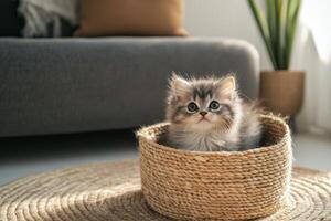 A small kitten sitting in a basket on the floor photo