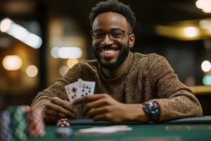 A smiling man with glasses holding up cards at a casino table photo