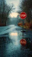 A stop sign is reflected in the water on a wet road photo