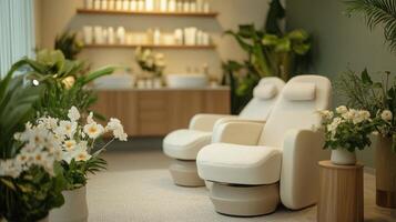 A spa room with chairs and plants photo