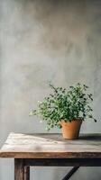 A potted plant on a wooden table in front of a grey wall photo