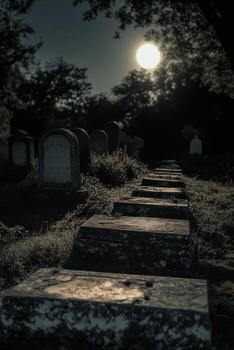 A cemetery with steps leading to a full moon photo