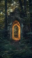 The entrance to an old stone building in the woods photo
