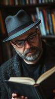 A man wearing a hat and glasses is reading a book photo