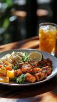 A plate of food on a table with a drink in the background photo