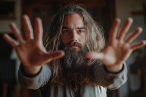A man with long hair and beard is holding his hands up photo