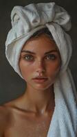 A woman with a towel on her head photo