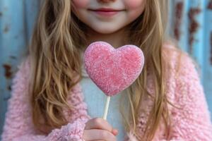 A young girl holding a pink heart shaped lollipop photo