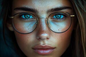 A woman with glasses and blue eyes photo
