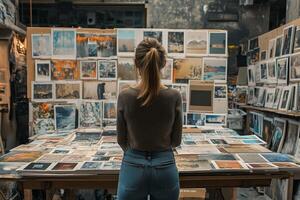 A woman standing in front of a table full of pictures photo
