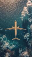 An airplane flying over the ocean with clouds in the background photo