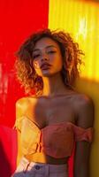 Beautiful young woman with curly hair posing against colorful wall photo
