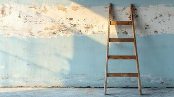 A ladder against a blue wall photo