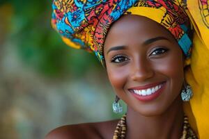 Beautiful african woman smiling with colorful head wrap photo