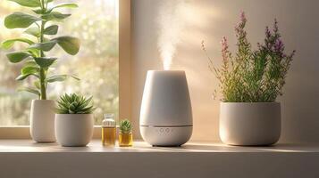 A white diffuser with plants in front of a window photo