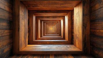 A wooden room with a light coming through the ceiling photo