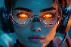 A woman with glowing eyes and headphones photo