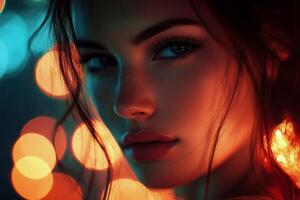 Beautiful woman with bright lights in the background photo