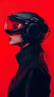 A woman wearing a helmet and headphones photo