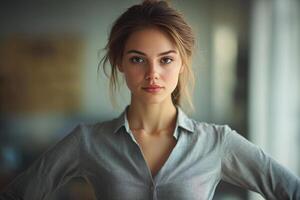 A woman in a shirt posing for the camera photo