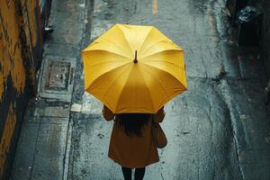 A woman walking down a street with an umbrella photo