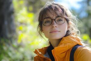 A woman with glasses and an orange jacket photo