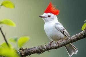 A white bird with red feathers sitting on a tree branch photo