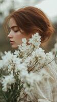 A woman with red hair and white flowers photo