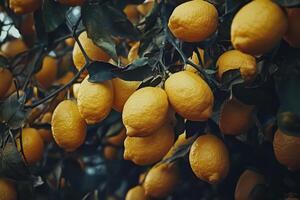 A bunch of lemons hanging from a tree photo
