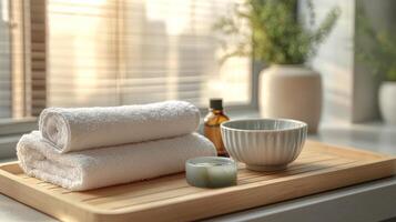 A tray with towels and a cup on a window sill photo