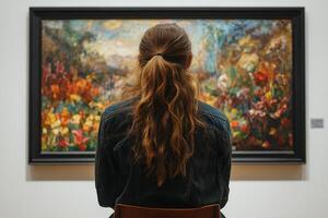 A woman looking at a painting in an art museum photo