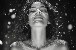 A woman covered in snow and glitter photo