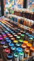 A table full of paint cans and other paints photo