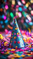 A party hat is surrounded by confetti and confetti photo