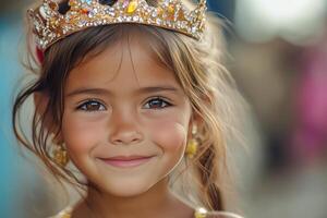 A little girl wearing a crown and smiling photo