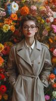 A woman wearing glasses and a trench coat surrounded by flowers photo