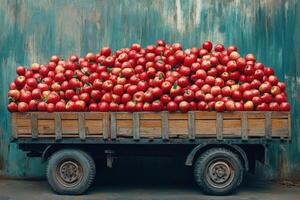 A truck full of apples sitting on a wooden platform photo