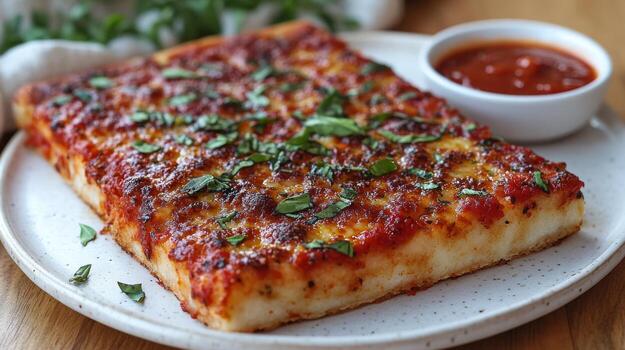 A square piece of pizza on a plate with sauce photo