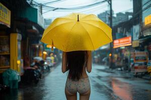 A woman in a bikini standing in the rain with an umbrella photo