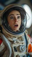 A woman in an astronaut suit looking surprised photo