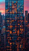 A tall building with windows reflecting the sunset photo
