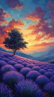 Lavender field with tree at sunset photo