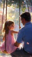 A painting of a father and daughter on a swing photo