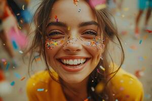 A woman with confetti on her face and a smile photo