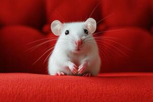 A white mouse is sitting on a red couch photo