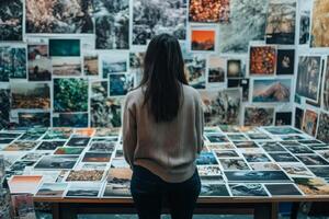 A woman looking at a table full of photos