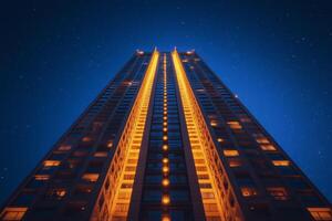 Tall building at night with lights on photo